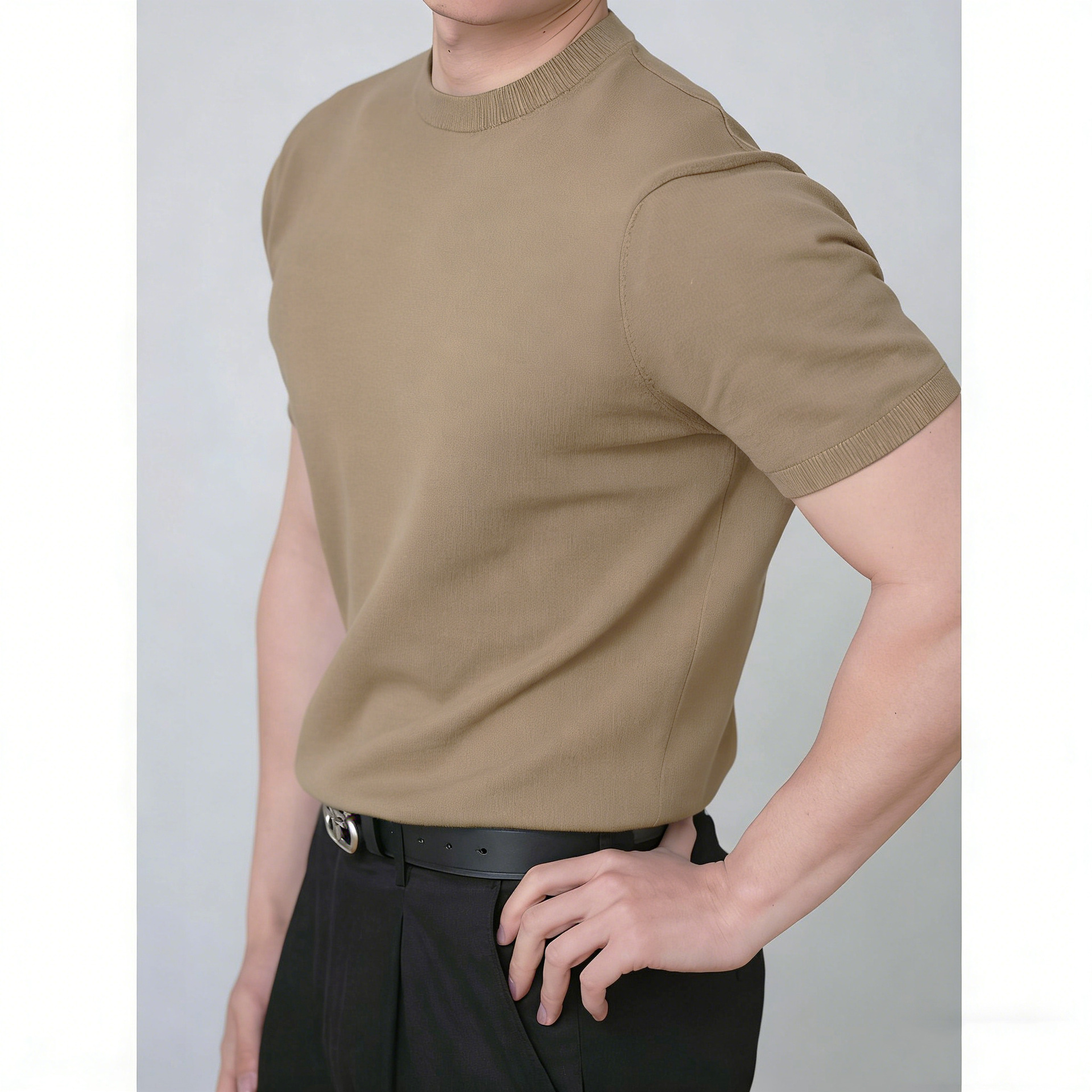 Camiseta de punto de manga corta camiseta hombre color sólido traje de cuello redondo con un antiguo estilo de hielo de verano fábrica transfronteriza al por mayor