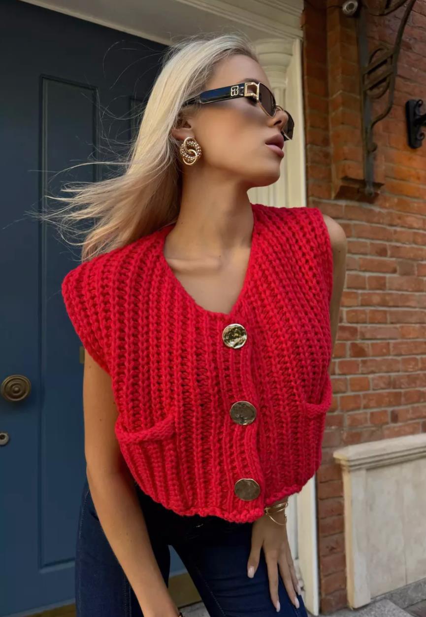 Sweater women's 2024 autumn and winter new product V-neck pocket thick needle sleeveless cardigan knitted vest women_voghion.com