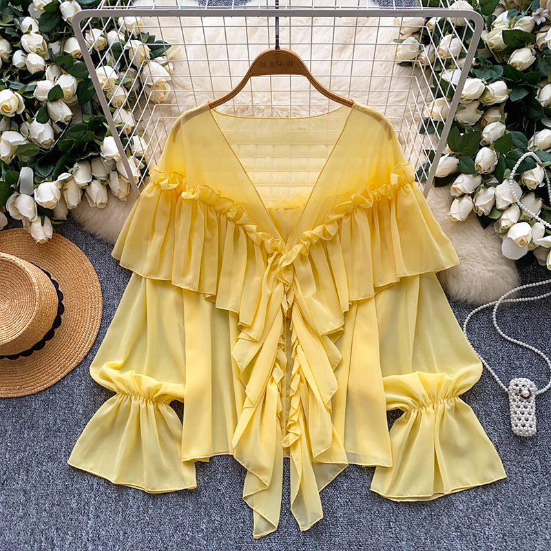 Summer Elegant Lazy Style Socialite Ruffled Trim Flared Sleeve Chiffon Blouse Loose Shirt Women's Clothing Tops_ecoleips.com