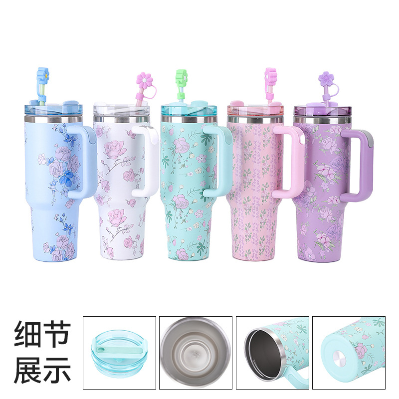 Vaso de Acero Inoxidable de 40 oz con Asa Floral, Gran Capacidad, Aislamiento al Vacío, Portátil para Exteriores con Pajita