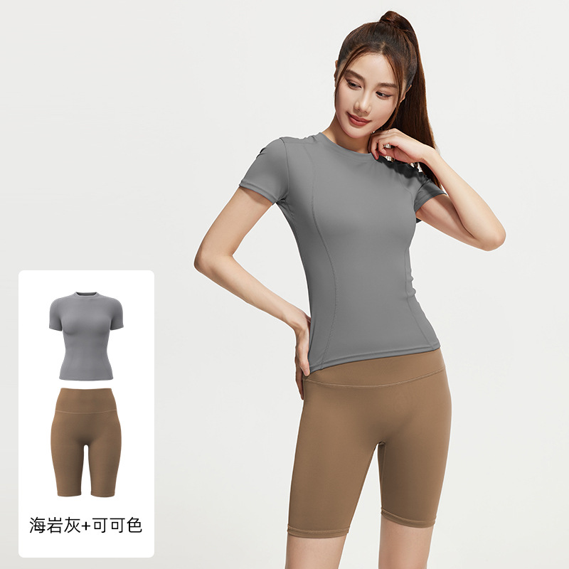 Juyi Tang verano yoga camisa de mangas cortas para mujeres delgada secado rápido y transpirable ajuste deportivo para correr y fitness set