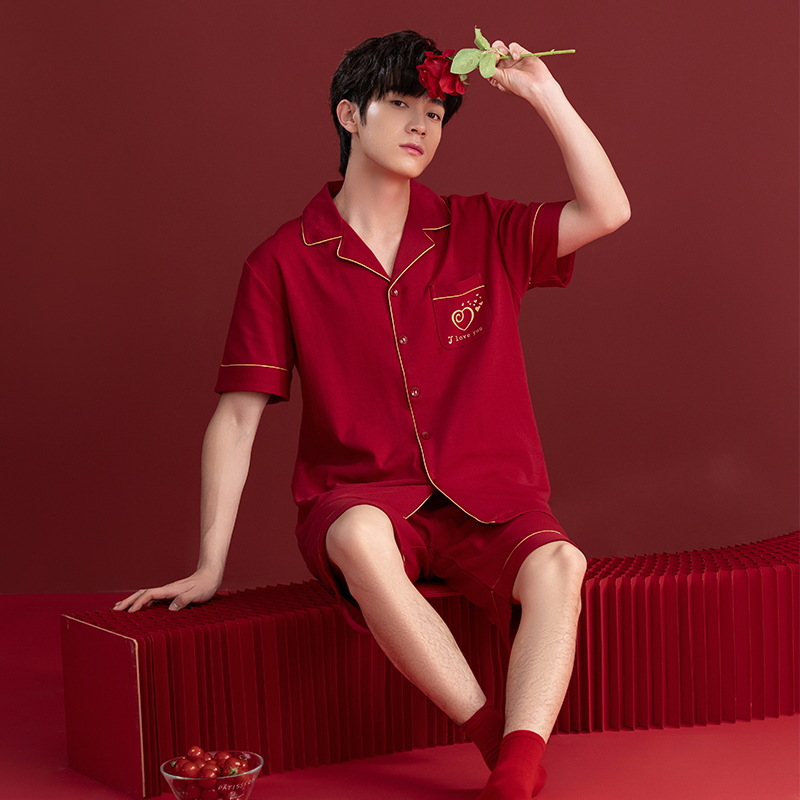 Pijamas de boda para recién casados 2025 para hombre, conjunto de verano de algodón puro de manga corta y pantalones cortos, holgado, rojo brillante, para el hogar, con diseño del año del zodiaco