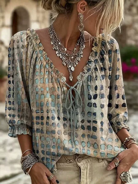 European and American Cross-Border Bohemian Style V-Neck Imitation Linen Shirt for Women, New Summer Style Printed Ribbon Loose Casual Top