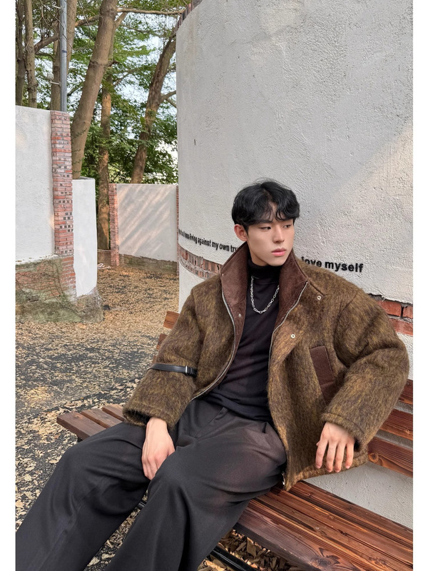 Korean Style High Street Light Grass Plush Brown Standing Collar Casual Jacket Coat Winter Trendy Brand Popular Cotton Coat Cool Top Korean Style High Street Light Grass Plush Brown Standing Collar Casual Jacket Coat Winter Trendy Brand Popular Cotton Coat Cool Top