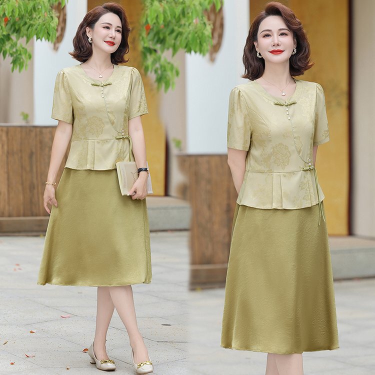 Mom's Summer Dress New Chinese Style National Style Chiffon Improved Cheongsam Fashionable Middle-Aged and Elderly Summer Short-Sleeved Skirt for Women