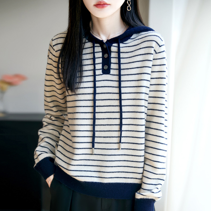 2025 New Women's Hooded Buckle Color-Blocked Stripesd Pullover Loose Long-Sleeved Casual Bottoming Pure Wool Knitted Hoodie
