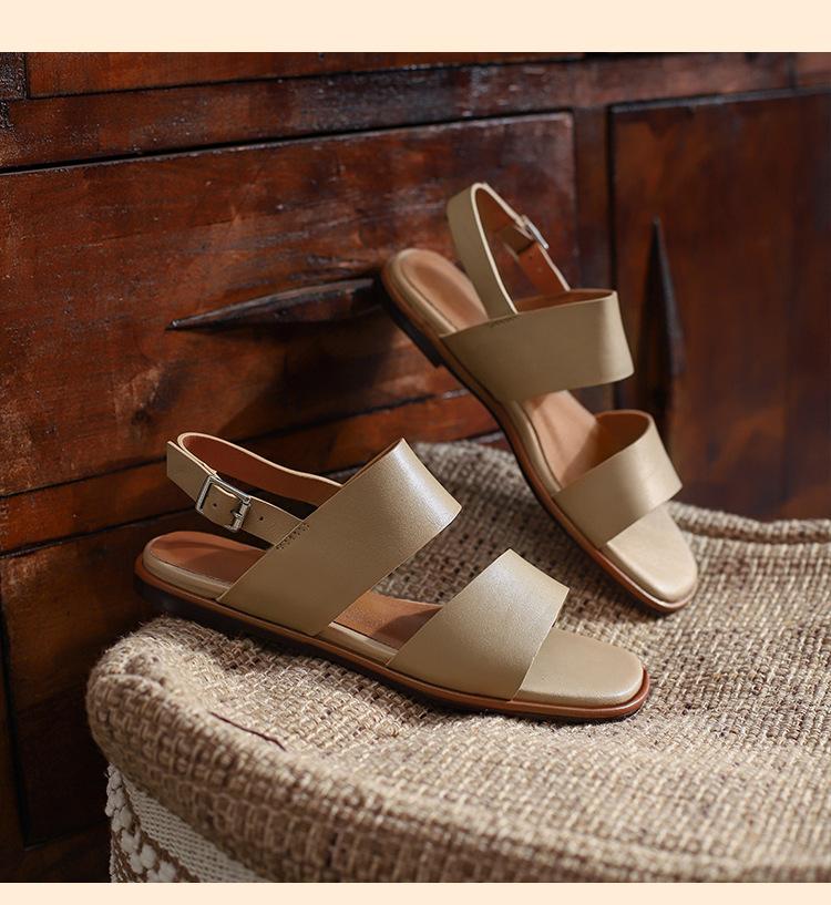 Sandal nữ quai ngang đế bệt phong cách La Mã hở ngón mùa hè — Màu be chi tiết 17