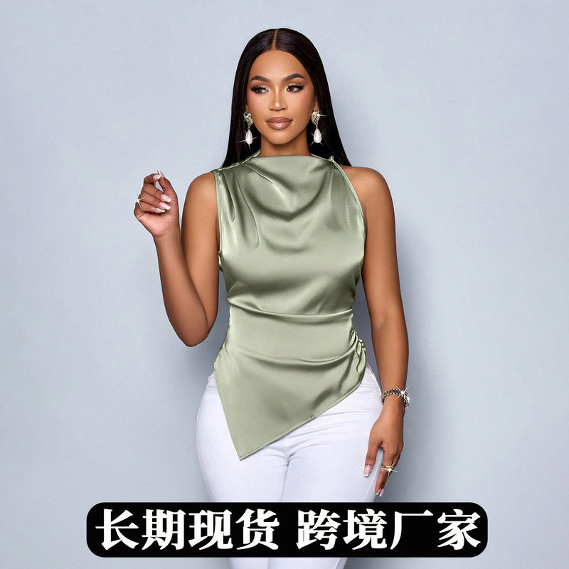 European and American Foreign Trade Women's Summer Satin Shirt Women's Asymmetric Satin Shirt Women's Top Design Sense Niche