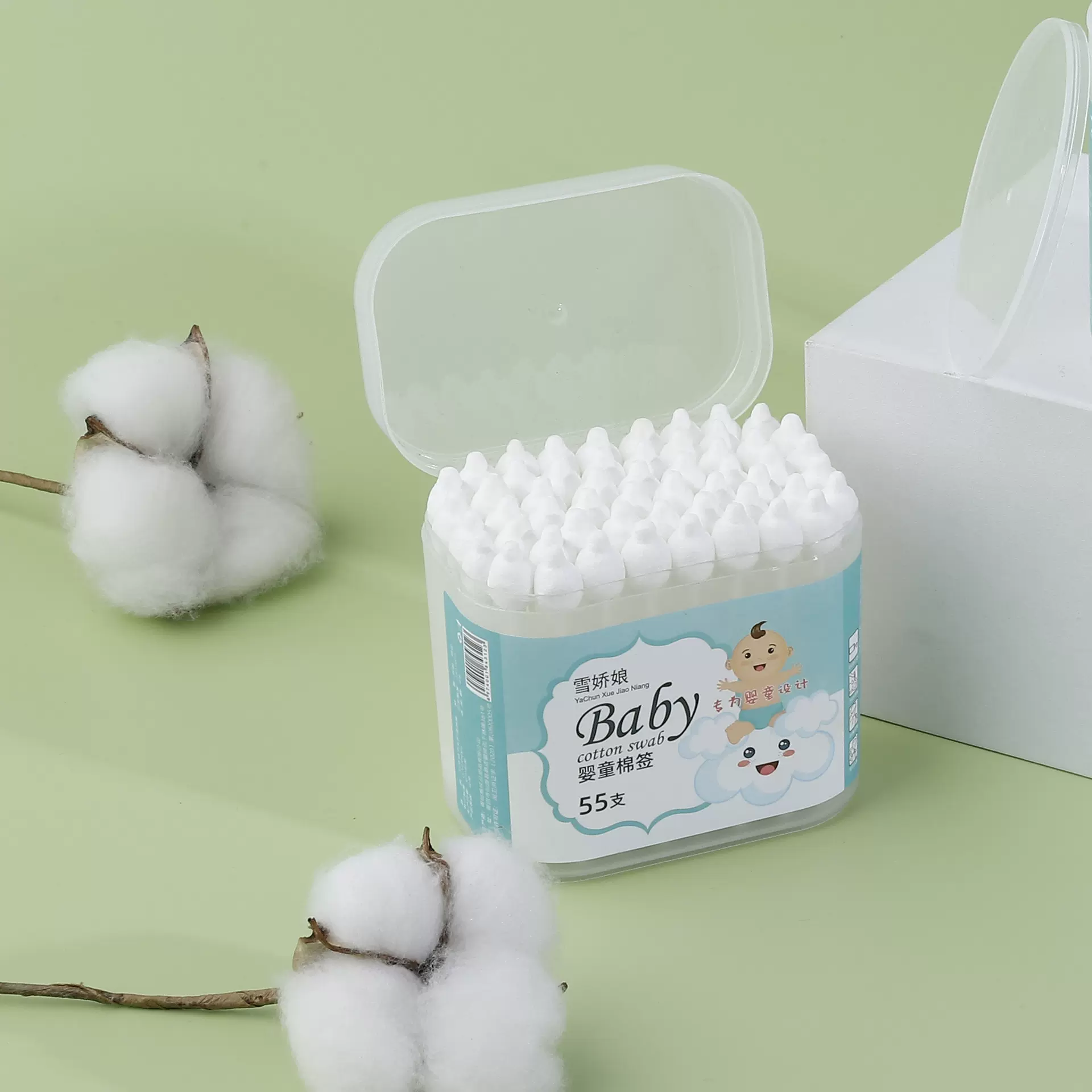 55支110支大头棉签宝宝清洁鼻屎肚挤婴幼新生掏耳朵宠物便携装
