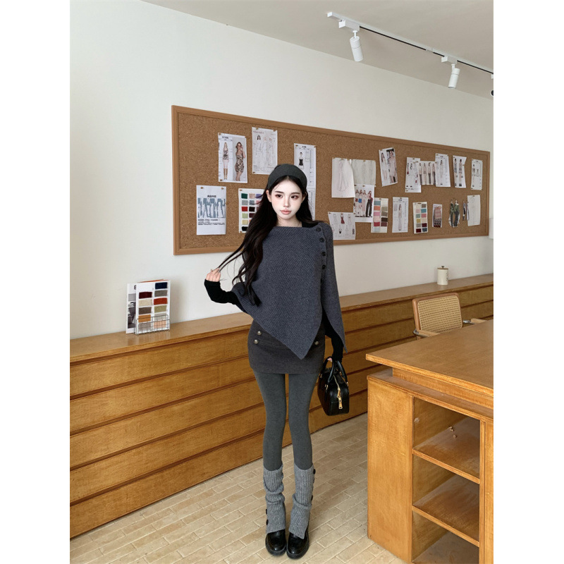 辣妹气质设计感毛针织披肩斗篷毛衣+毛呢半身短裙套装女