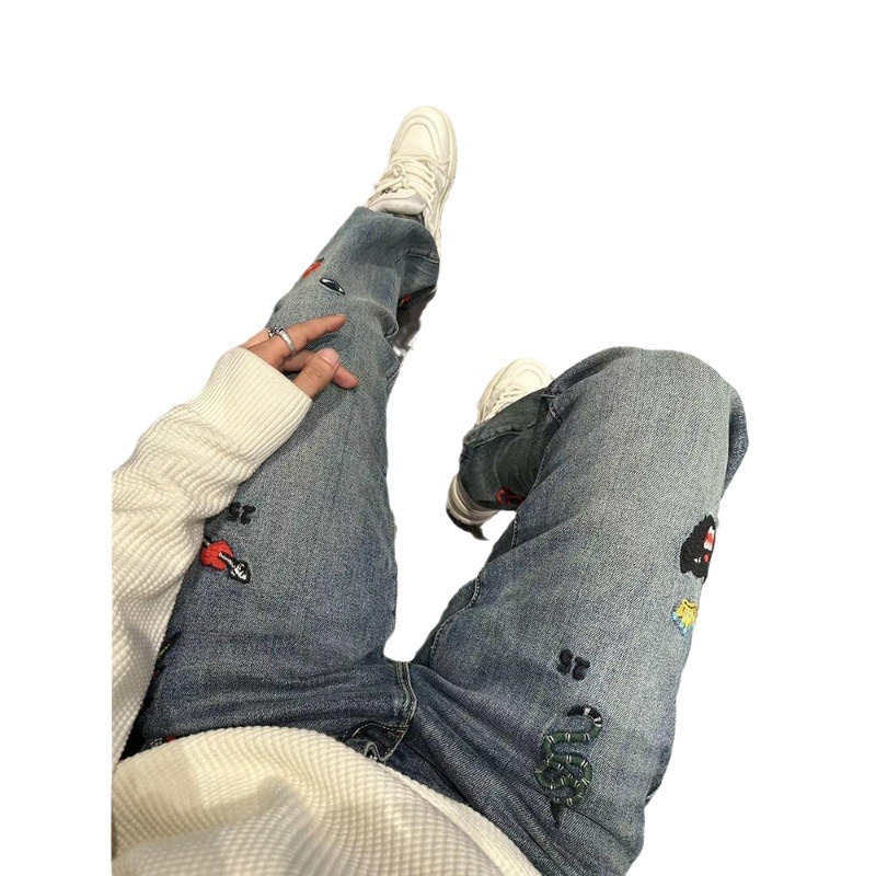 Blue Jeans Men's Light Luxury Embroidered Straight Pants All-match Trendy Stretch High Street Style European Casual Pants