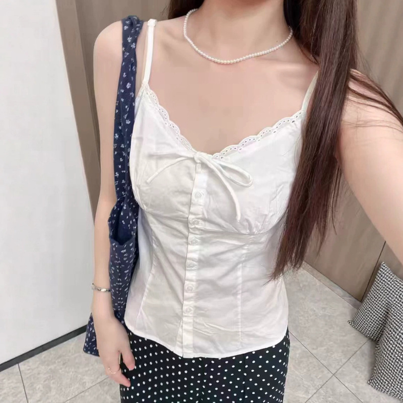 Bm Style Summer New White Lace-Up Waist-Cinching Camisole for Women, Single-Breasted Solid Color Hot Girl Top Bm Style Summer New White Lace-Up Waist-Cinching Camisole for Women, Single-Breasted Solid Color Hot Girl Top