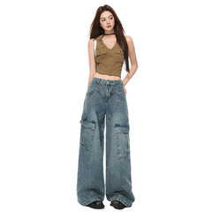 Cyndi WangとChloe Xueと同じスタイルのアメリカンレトロワークジーンズ、女性用ストレートレッグルーズスリミング多用途ワイドレッグパンツ