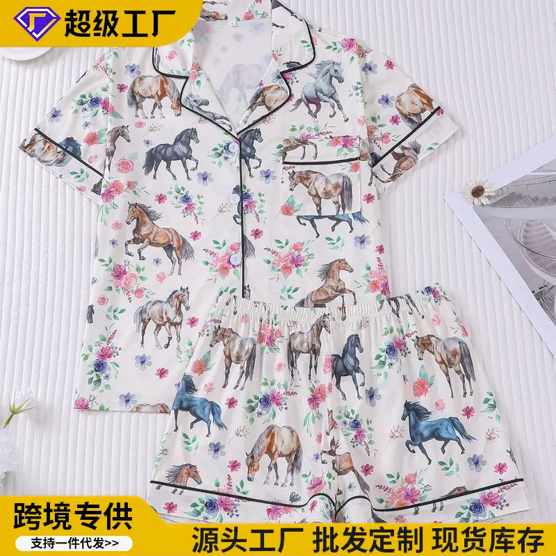跨境外贸新款休闲女士睡衣夏季马印花翻领短袖短裤欧美家居服套装