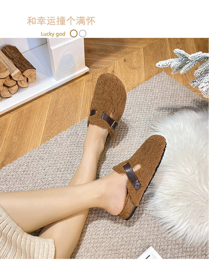 Dép nửa gót bít mũi lông xù kiểu Birkenstock cổ điển cho nữ, mũi tròn — Màu nâu, Màu trắng sữa, Màu đen chi tiết 22