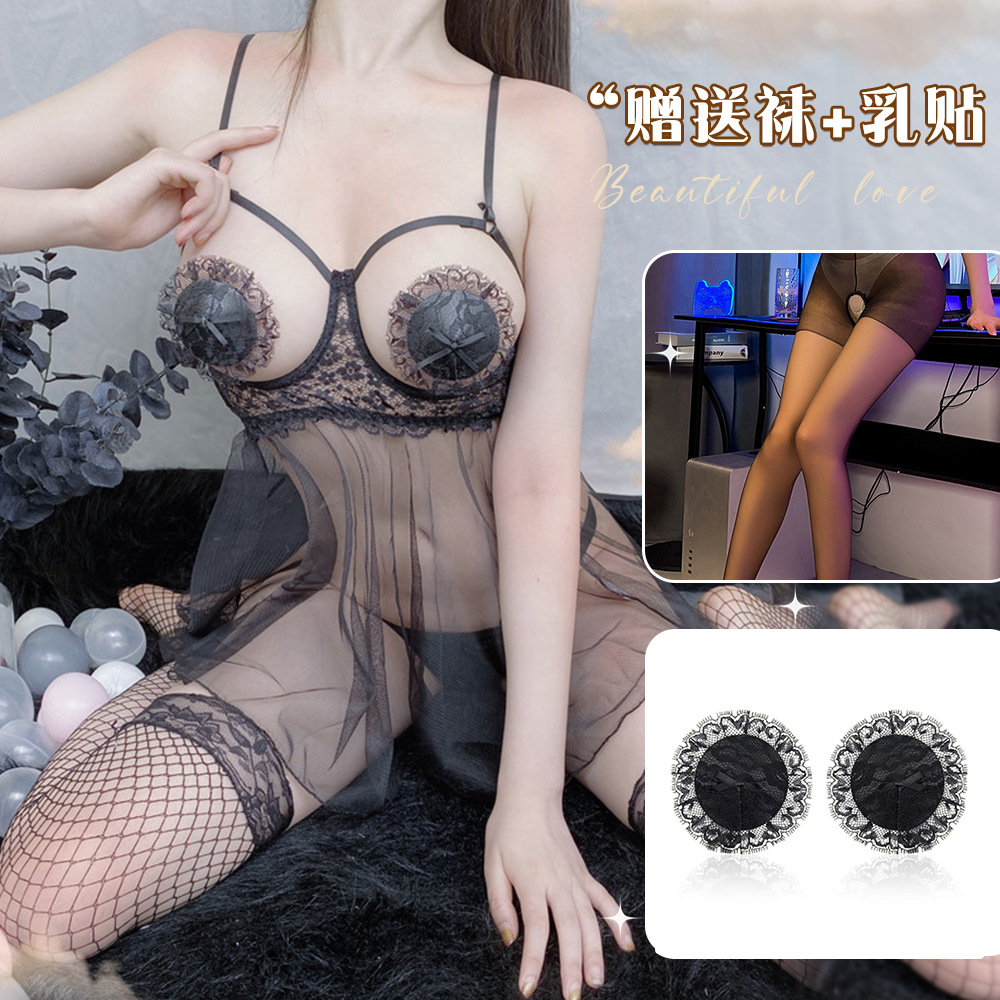 블랙 나이트가운 + 112 블랙 + 레이스 젖꼭지 가리개
