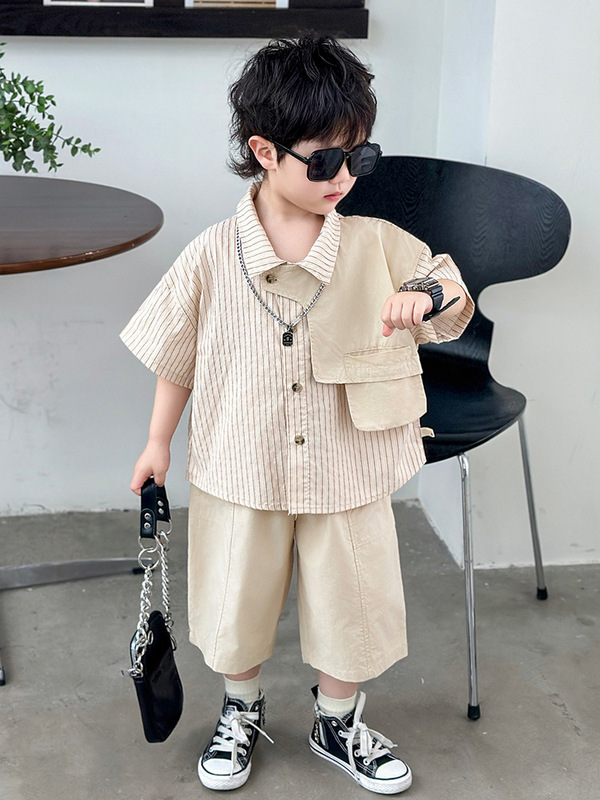 男の子夏ストライプスーツ 2025 新しいハンサム子供服子供韓国風半袖男の子夏のストリート服|undefined