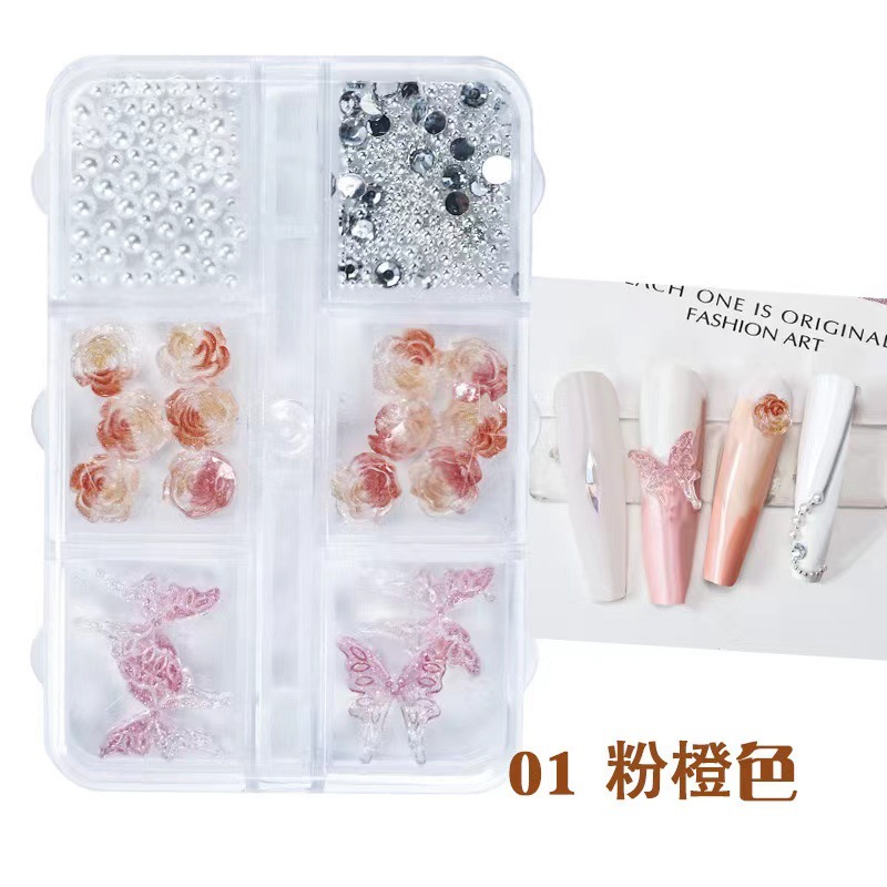 Transfronteriza nueva manicura tridimensional Camelia joyería líquido gradiente mariposa pequeña bola de acero perla mixta accesorios de uñas