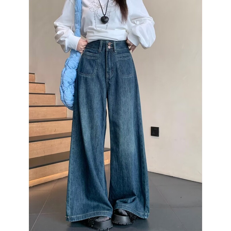 American-Style Double-Button Wide-Leg Jeans for Women, New Spring and Autumn Large Size, High-Waisted, Loose, Slimming, Drapey, Straight-Leg, Floor-Length Pants