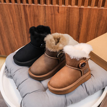 儿童旋转纽扣款皮面外翻兔毛加厚雪地靴2024年冬季男女童保暖棉靴