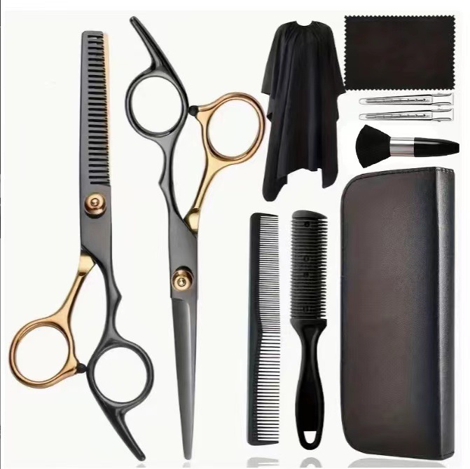 Fábrica fuente comercio exterior al por mayor tijeras de corte de pelo casero oro negro conjunto de tijeras de corte de pelo plana tijeras de dientes tijeras de corte de pelo delgado frange
