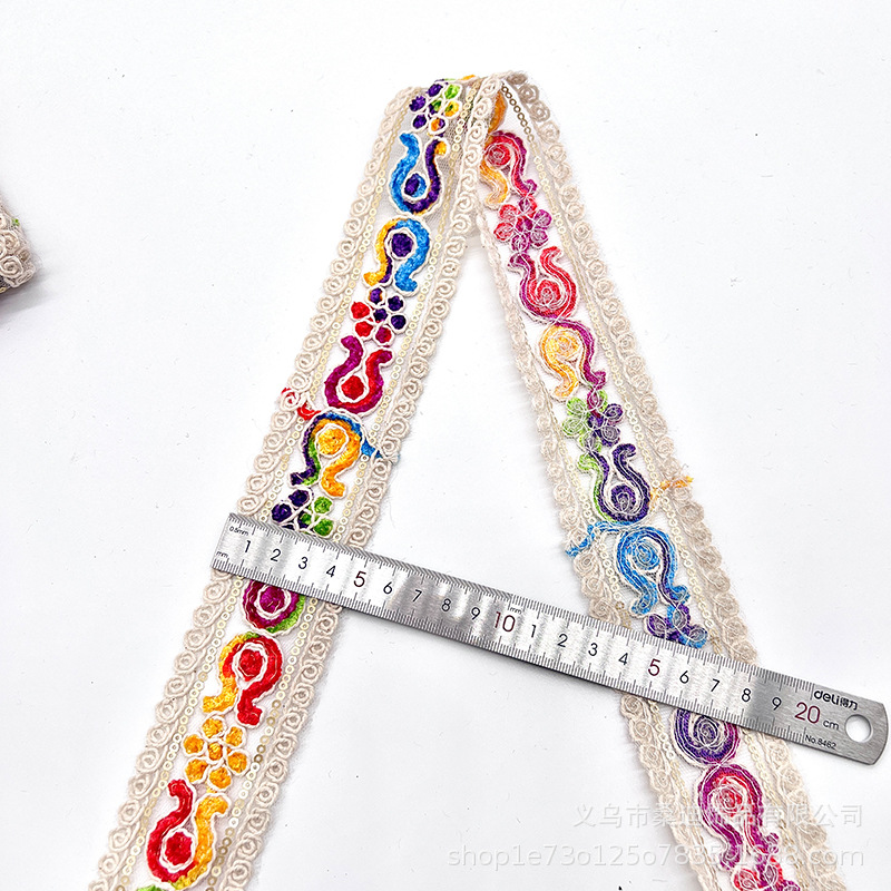 Hilo de algodón de estilo étnico encaje de color cordón de hueso franela bordado lentejuelas código de barras accesorios de ropa encaje encaje Hanfu