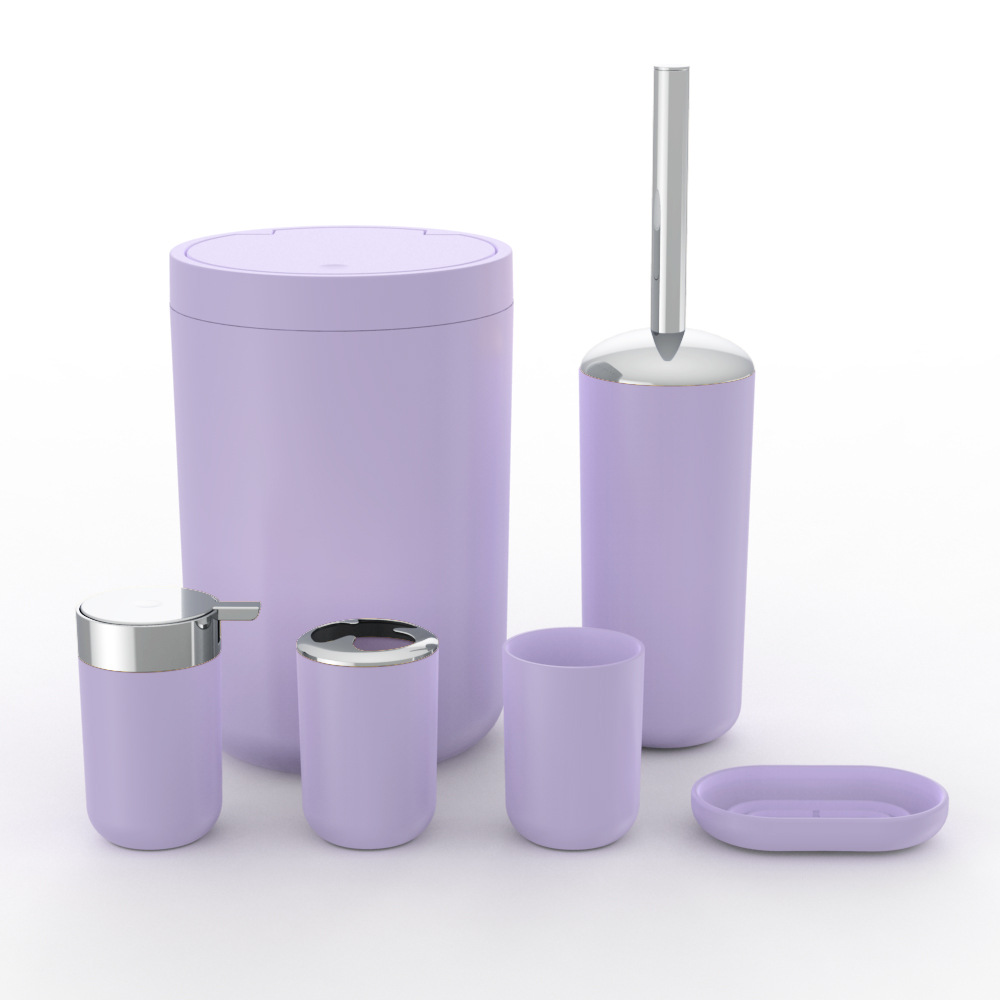 Plástico de color sólido plateado seis piezas conjunto de cepillo de dientes caja de jabón cepillo de inodoro almacenamiento baño conjunto de lavado