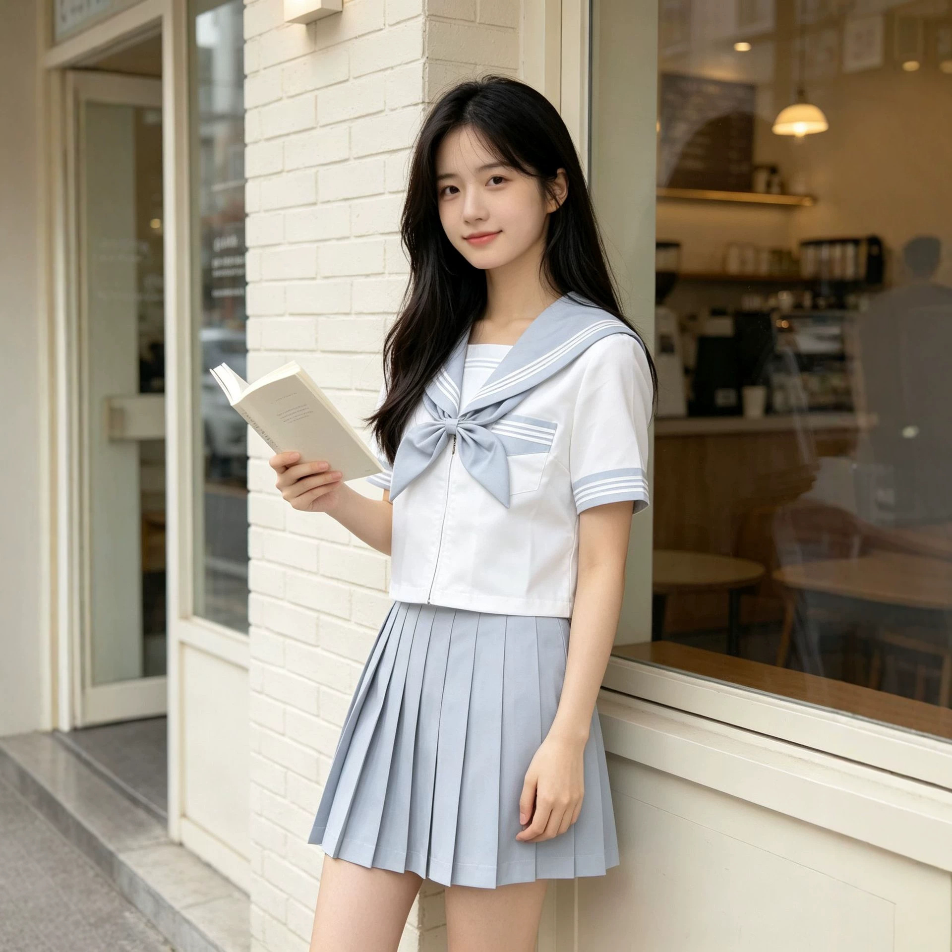 Sailor Uniform JK Set for Campus Outdoor Photoshoot, Loose Fit Summer Light Blue Gray Sailor Uniform JK Set