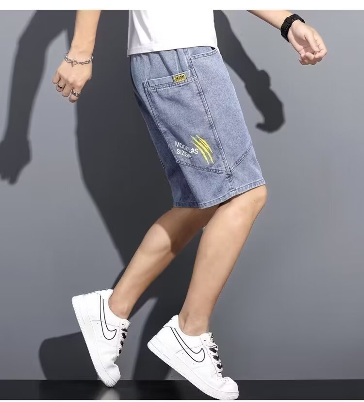 Pantalones cortos de mezclilla de moda para hombres, herramientas japonesas, pantalones sueltos de cinco puntos, pantalones casuales de bolsillo grande, verano
