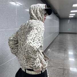 美式街头水洗豹纹连帽外套男女秋季2026款宽松休闲设计感开衫卫衣