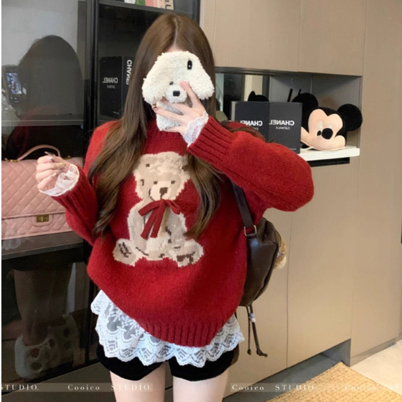 Christmas New Year soft waxy cute three-dimensional bow retro lazy jacquard sweater top Christmas bear sweater Christmas New Year soft waxy cute three-dimensional bow retro lazy jacquard sweater top Christmas bear sweater