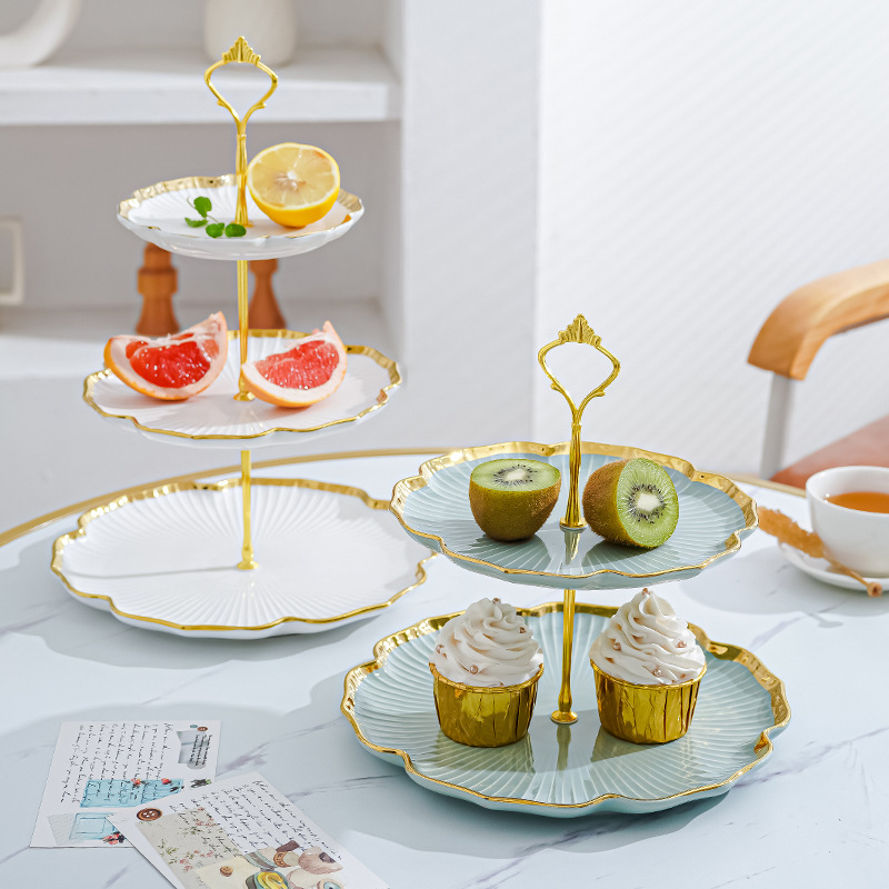 Nordic Golden Edge Light Placa de pastel de lujo moderna sala de estar mesa de café hogar plato de fruta multi-capa merienda postre decoración de la Mesa