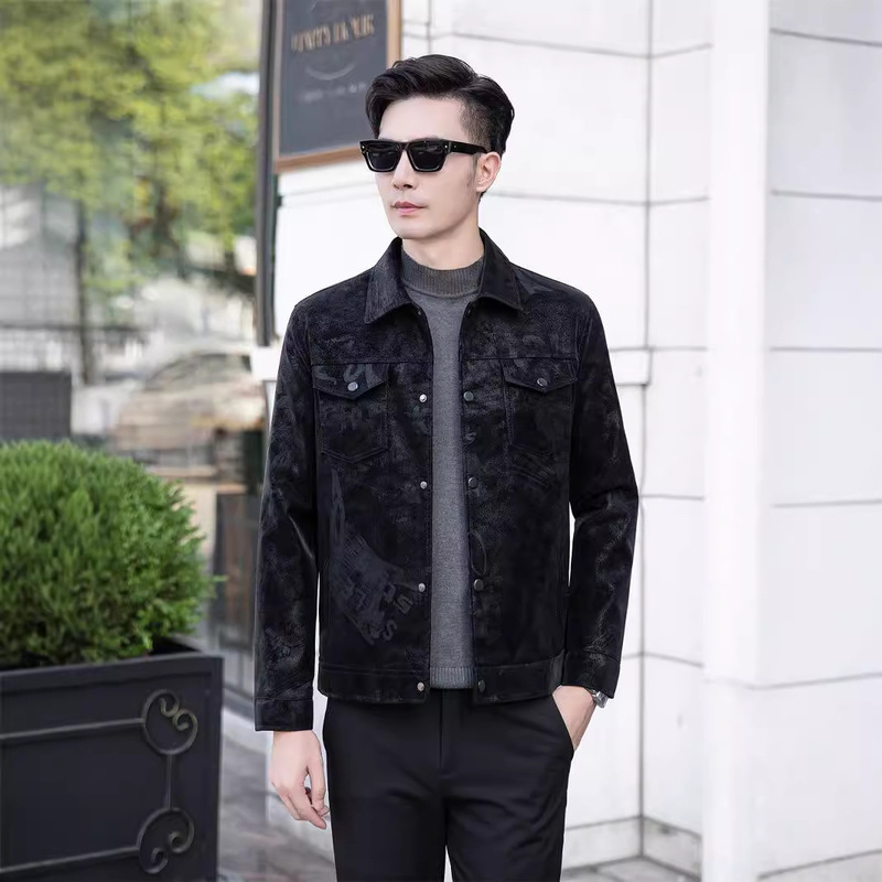 European Station Men's High-end Men's Leather Jacket Jacket Lapel Fashion Korean Printed Slim-fit Spring and Autumn New Leather Jacket