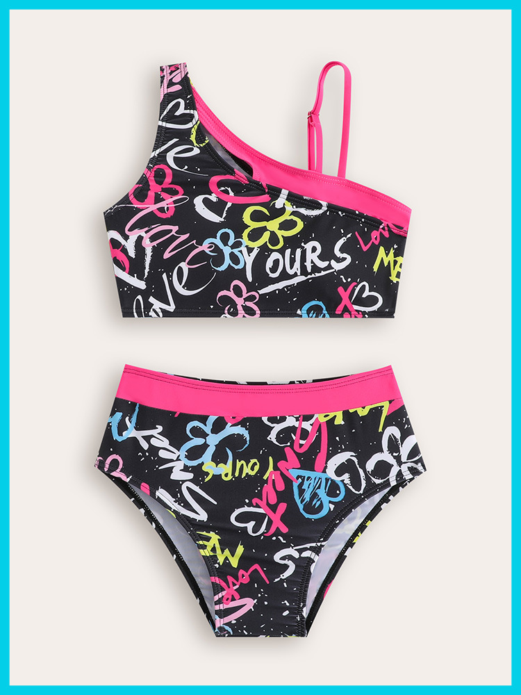 Bikini de dos piezas para niña con estampado grafiti para playa_voghion.com