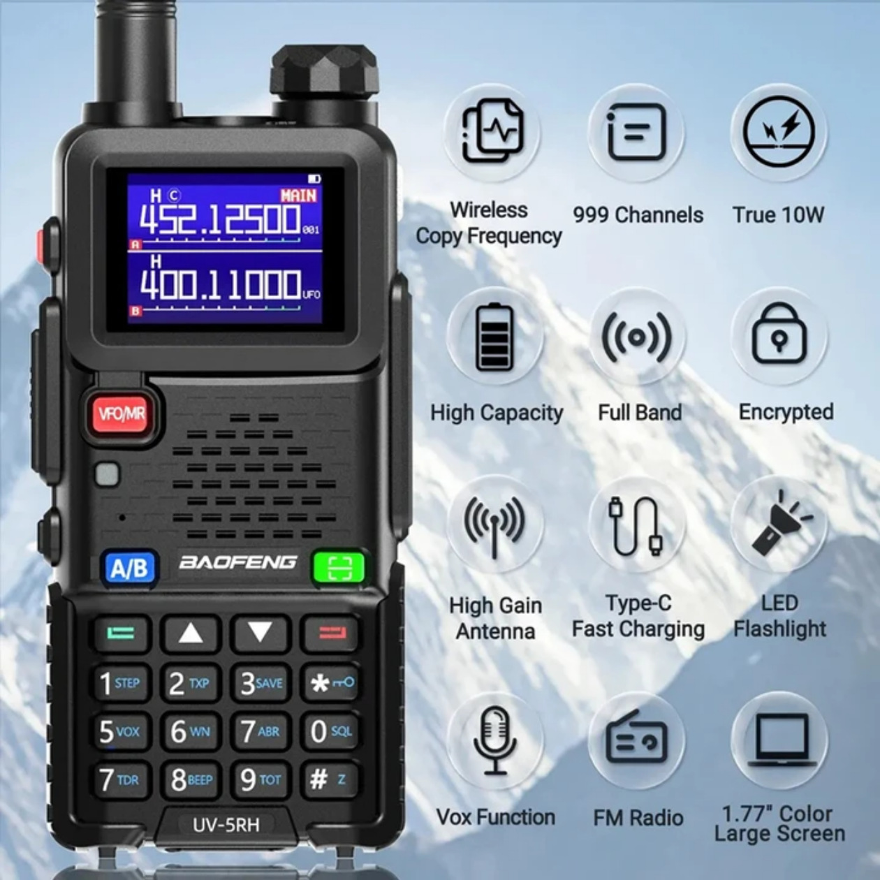 UV-5RH de walkie-talkie Baofeng/5RM de alta potencia 10W de un solo clic de frecuencia AM línea de aviación de banda completa recorrido sin conductor