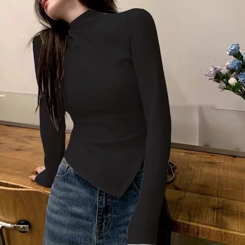 DeRong Women's Autumn/Winter Irregular, Niche-Style, Off-Shoulder, Slim-Fit Long-Sleeve T-Shirt with Half-Turtleneck Base Layer