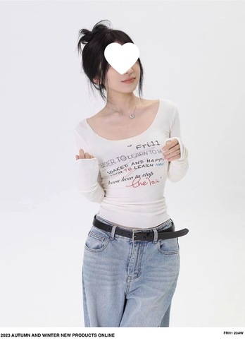 260g Rayon Modal Niche Design Graffiti-Print Long-Sleeve T-Shirt for Women | Slim-Fit, Cropped Top