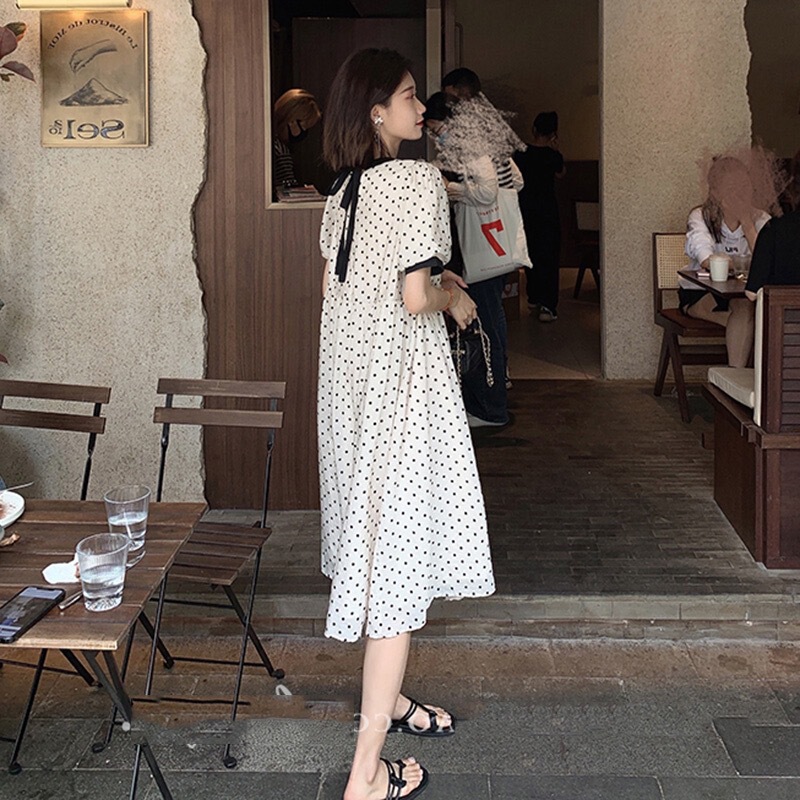 South Korea Chic Summer plus size Vintage Cute All-match Elegant Black and White Dot Lace-up Loose dress Long Dress for Women