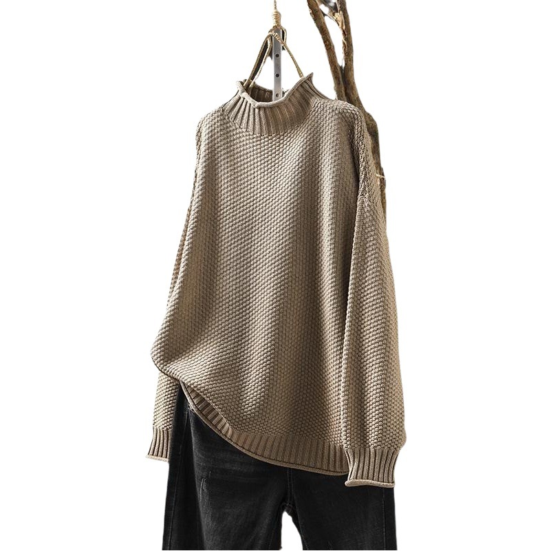 Red Vintage-Style Half-Turtleneck Sweater for Women, Loose Oversized Fit, 2026 Autumn and Winter Casual Pullover Knit Base Shirt