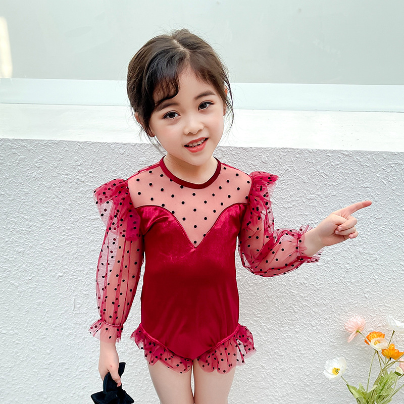 Traje de baño para niños y niñas 2023 nuevos niños con volantes de una sola pieza de manga larga lindo vestido de princesa traje de baño de aguas termales