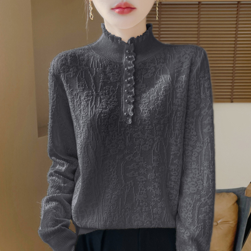 Spring and Autumn New Fine-Spun Wool Knit Base Shirt with Ruffled Lace and Beaded Design, Women's Half-High Collar Top