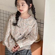 女童碎花长袖衬衫2025秋装新款儿童装棉麻休闲中大童田园翻领上衣