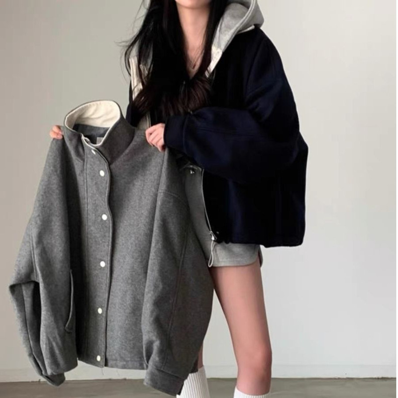 法式2025春季新款复古灰色毛呢外套女气质宽松夹克棒球服外套上衣|undefined