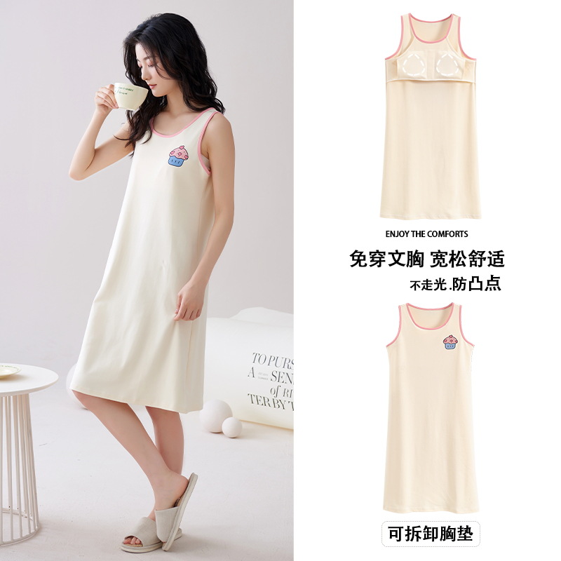 Vestido de chaleco de algodón de verano para mujer con almohadilla en el pecho sin mangas de algodón de dibujos animados de longitud media vestido homewear Pijamas