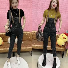 牛仔背带裤女秋季新款时尚复古盘口牛仔裤洋气减龄显瘦小脚裤