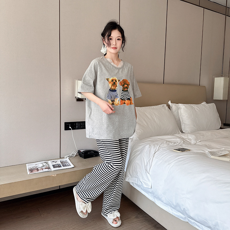 Plus-Size Pure Cotton Pajamas with Puppy Print, Short-Sleeve Top and Long Pants, Oversized and Extra-Large Set, Suitable for Plus-Size Women, Can Be Worn Outside, Women's Loungewear