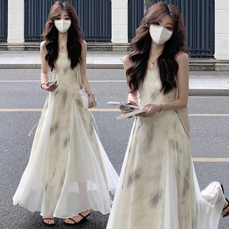 Новое платье выше колена с принтом чернил в китайском стиле, новое летнее универсальное длинное платье феи в стиле чистого желания, уменьшающее возраст.