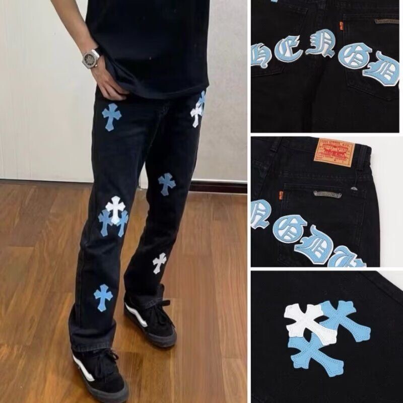 2026 American High Street Fashion Brand Cross-Pattern Black Jeans Unisex Summer Casual Versatile Straight-Leg Floor-Length Pants 2026 American High Street Fashion Brand Cross-Pattern Black Jeans Unisex Summer Casual Versatile Straight-Leg Floor-Length Pants