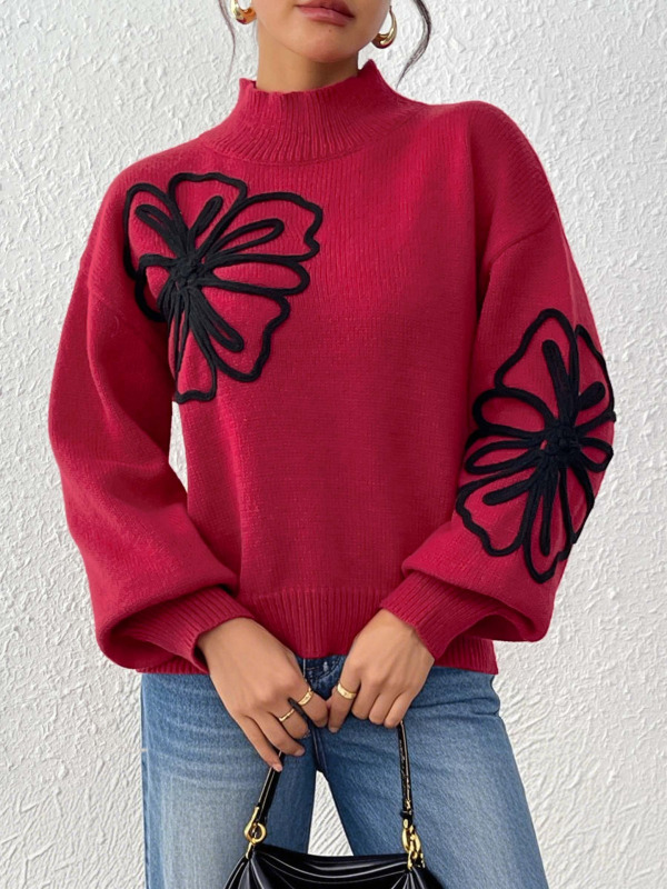 レディース秋冬トップスクロスボーダー欧米服立体リボン刺繍花ハーフタートルネックランタンスリーブプルオーバーセーター|undefined