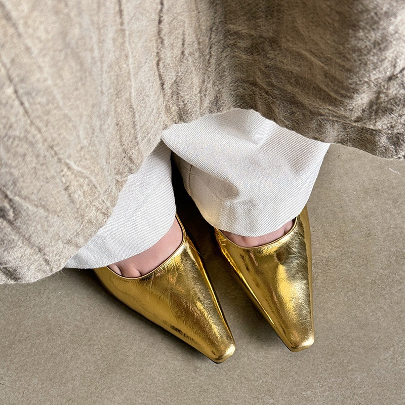Leather golden low shoes low-cut heels square toe